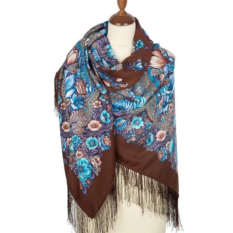Original Pavlovo Posad Russian Shawl 135x135 cm Scarf Wrap 100% Wool 1120-16 - 絲巾 - 羊毛 咖啡色
