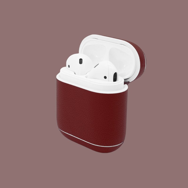 【換季特賣】真皮酒紅色馬卡龍AirPods收納皮套/AirPod保護套 - 科技小物 - 真皮 紅色