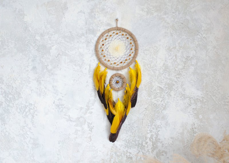 捕夢網天然手工捕夢網美國原住民風格女孩禮物 - 壁貼/牆壁裝飾 - 繡線 黃色