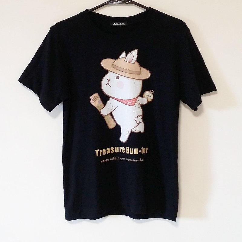 トレジャーハントバニー-オリジナルイラストTシャツ/黒と白の半袖トップス - Tシャツ - コットン・麻 