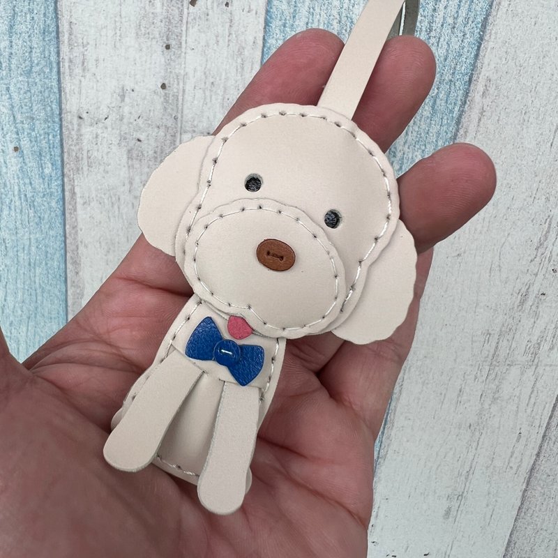 Healing small cream-colored cute poodle hand-stitched leather pendant small size - พวงกุญแจ - หนังแท้ สีกากี