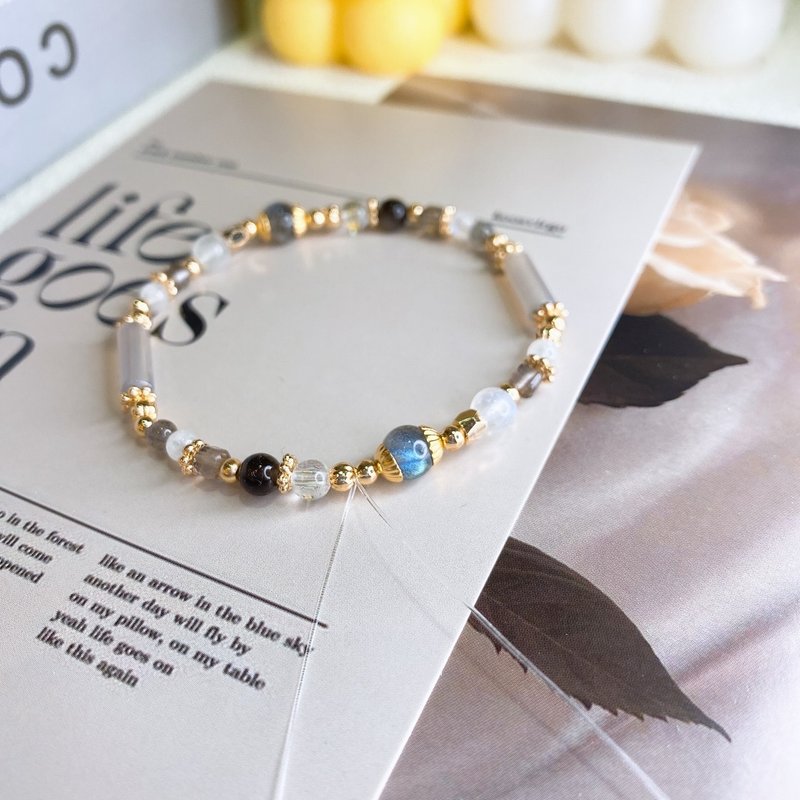 Light Smoke Xiaoguang Gray Agate Labradorite Moonstone Citrine Obsidian Elastic Crystal Bracelet - Bracelets - Crystal Brown