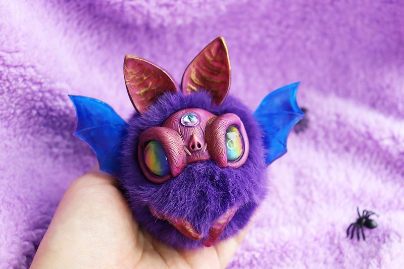 TO ORDER Fluffy purple bat with chameleon eyes - Stuffed Dolls & Figurines - Eco-Friendly Materials 