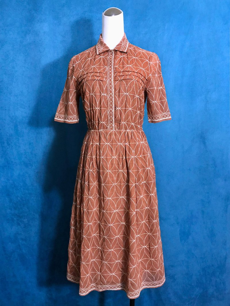 全圖騰刺繡輕古董短袖洋裝/ 國外帶回 VINTAGE - 洋裝/連身裙 - 聚酯纖維 橘色