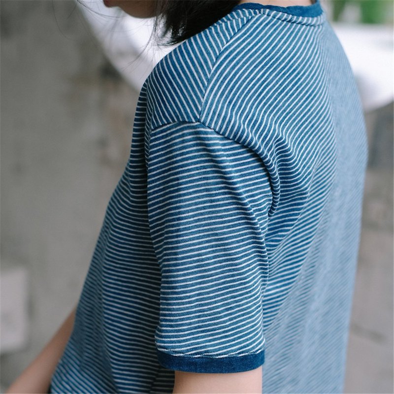 靛藍條紋 全棉水洗復古海魂衫上衣 條紋修身超短款 短袖圓領T恤 - T 恤 - 棉．麻 藍色