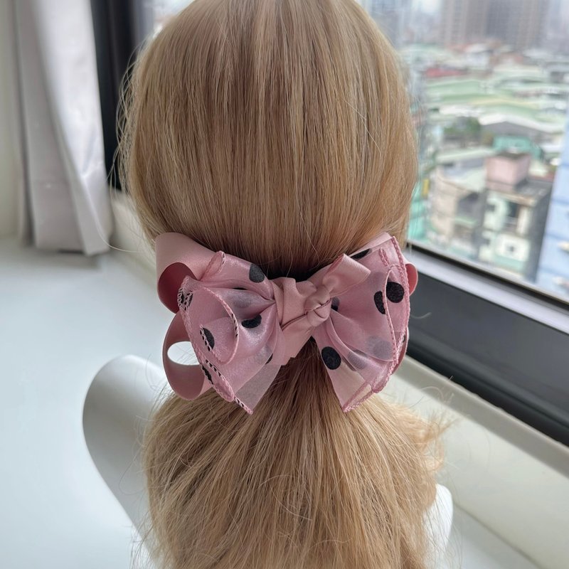 Large bowknot organza dot clip hair clip - smoked powder - เครื่องประดับผม - วัสดุอื่นๆ สึชมพู