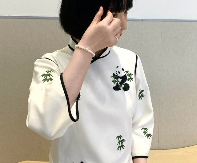 チャイナドレス風ワンピース｜パンダ刺繍 ｜七分袖 - ショップ NUNUYU