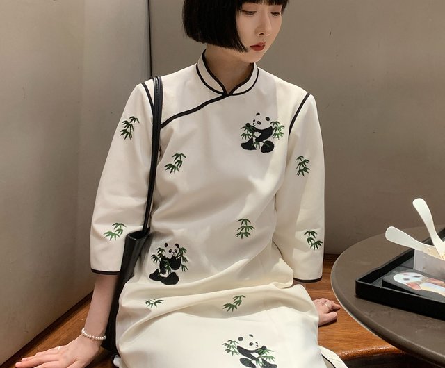 チャイナドレス風ワンピース｜パンダ刺繍 ｜七分袖 - ショップ NUNUYU