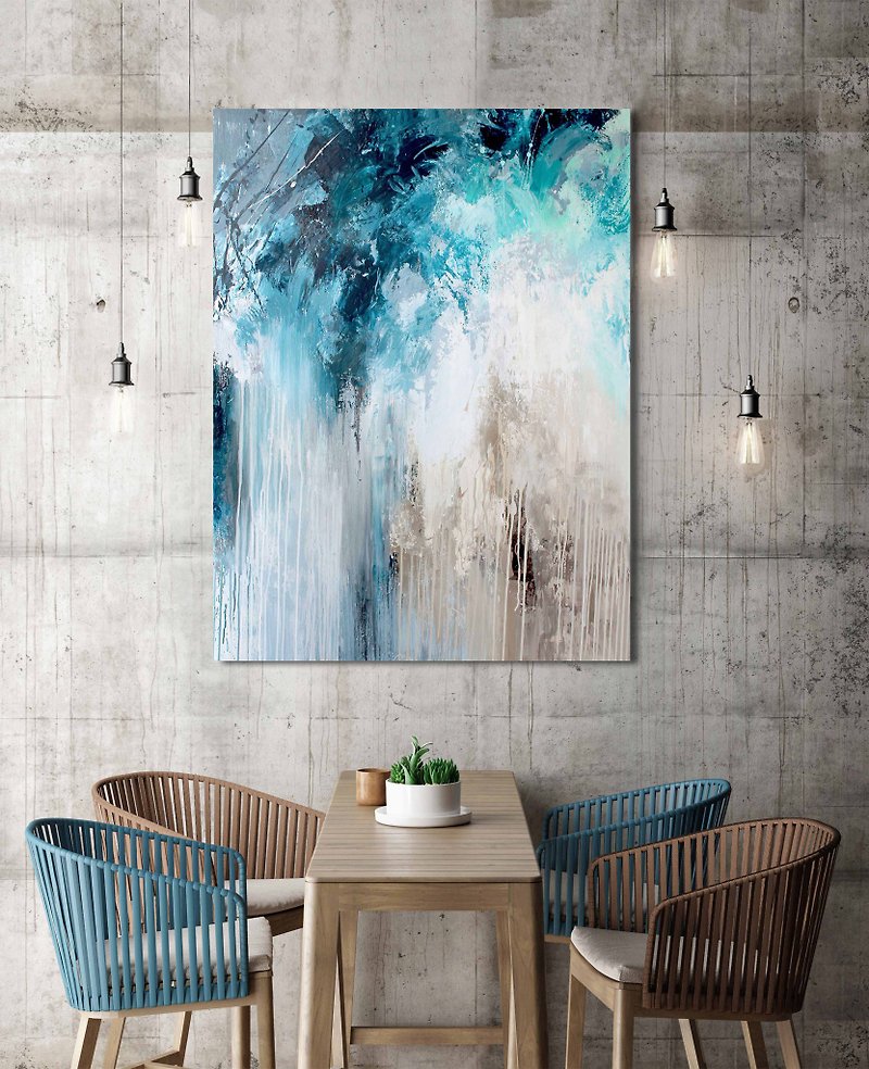 White Blue Painting | White Blue Abstract | White Blue Wall Art | Water Streams - 壁貼/牆壁裝飾 - 棉．麻 