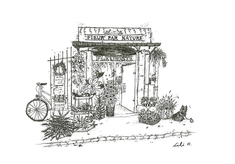 French flower shop (hand-drawn illustration with A4 frame) - โปสเตอร์ - กระดาษ 