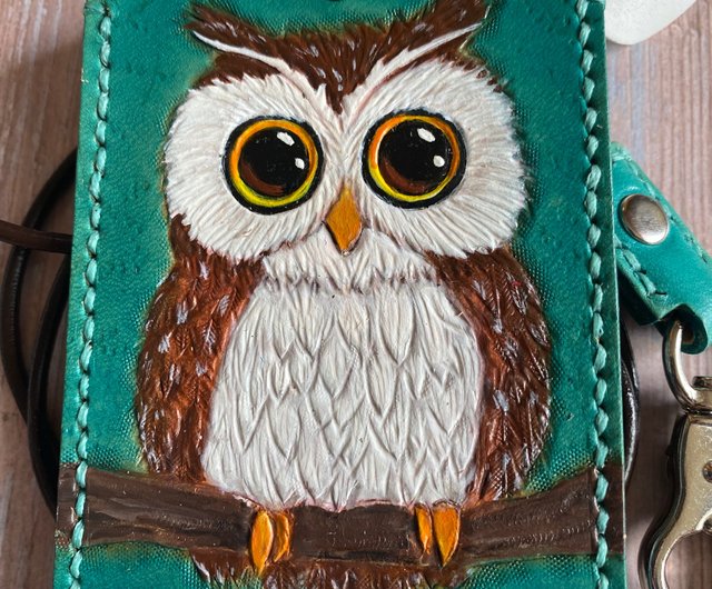 Leather carving cute owl card holder lanyard Shop y.g.w.p. Leather Studio ID Badge Holders Pinkoi