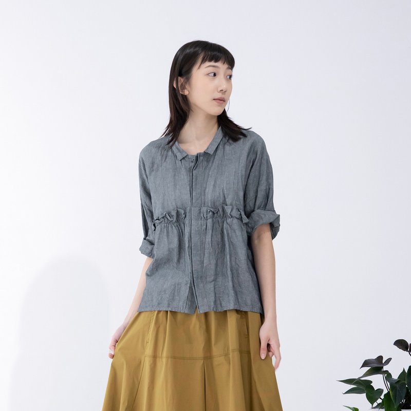 Qingfeng Linen cross-cut lotus leaf shirt | Hot sale restock - เสื้อเชิ้ตผู้หญิง - ผ้าฝ้าย/ผ้าลินิน สีเทา