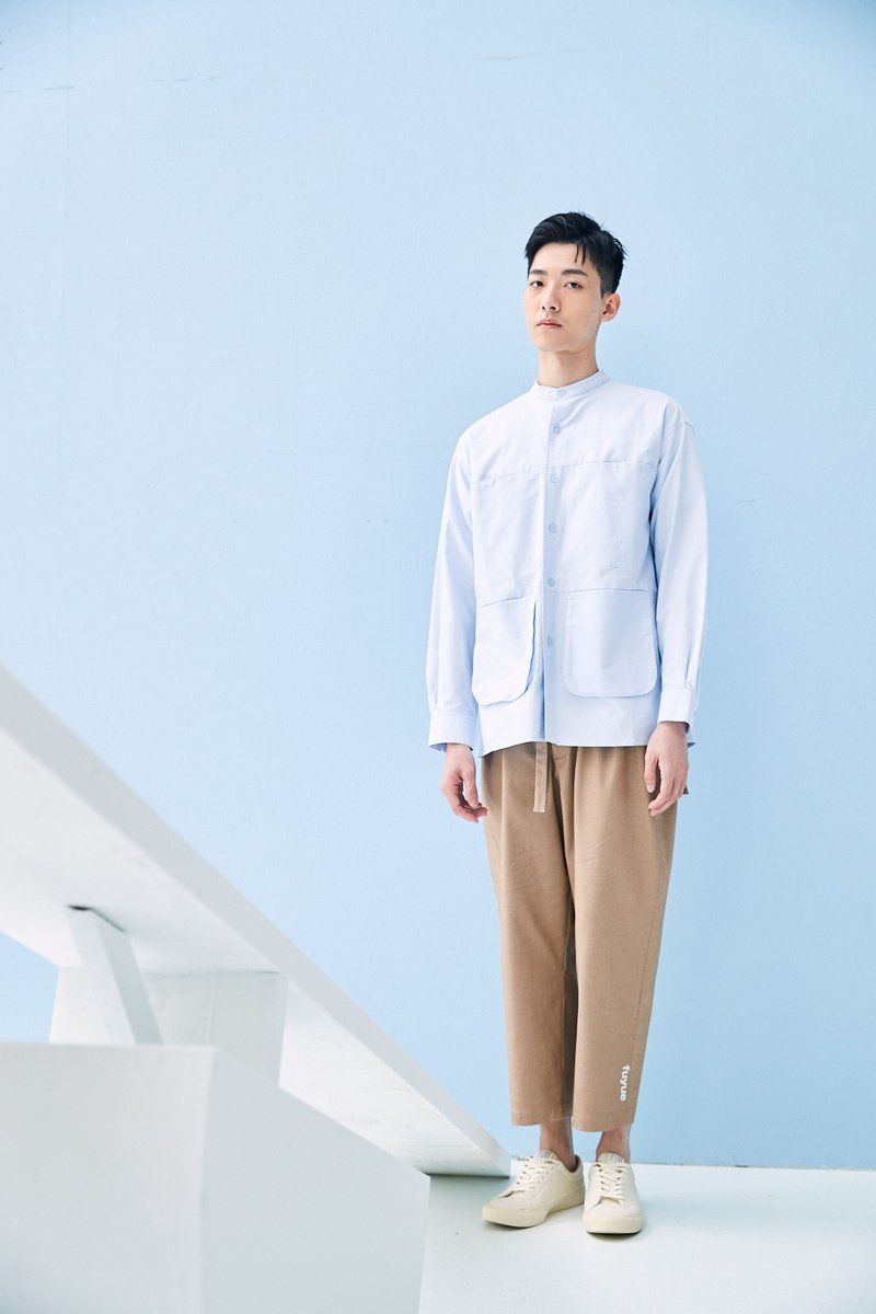 スタンドカラーマルチポケットシャツ - シャツ メンズ - コットン・麻 ブルー