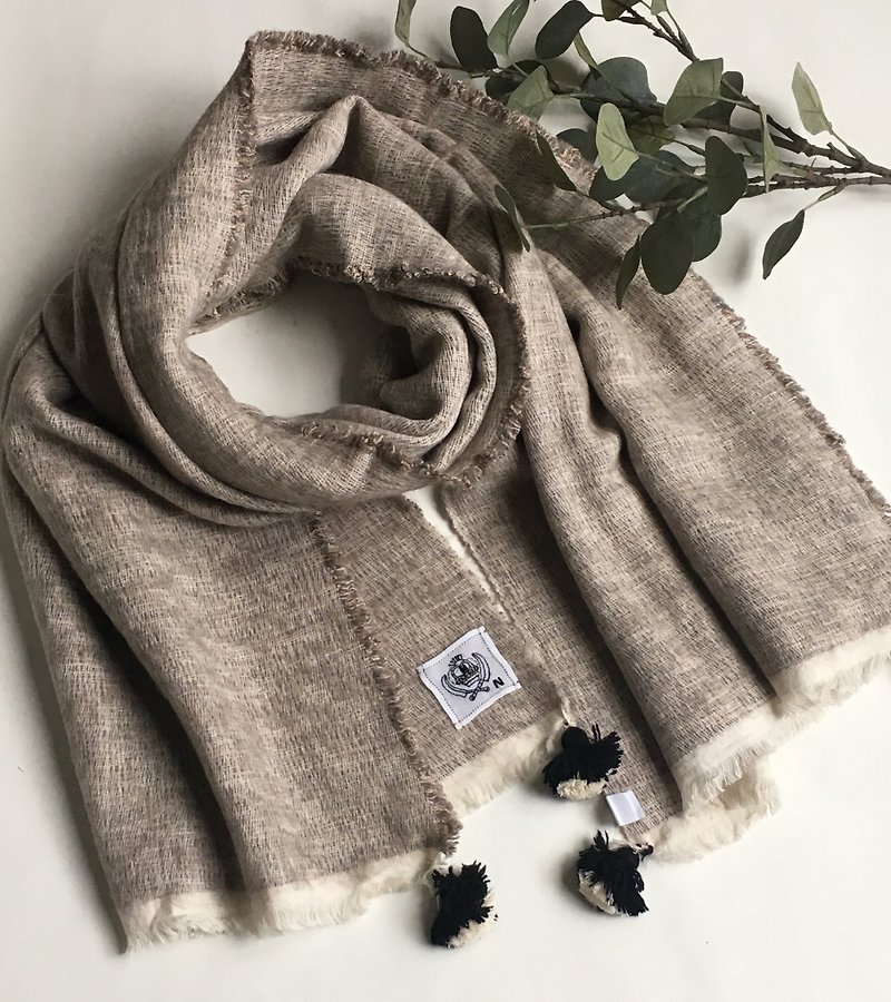 天然淡色ヤクウール 手織りのショール - スカーフ - ウール カーキ