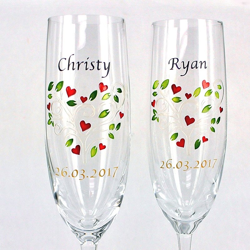 Champagne Glasses - Floral Heart ( including casting & coloring names & date ) - แก้วไวน์ - แก้ว หลากหลายสี