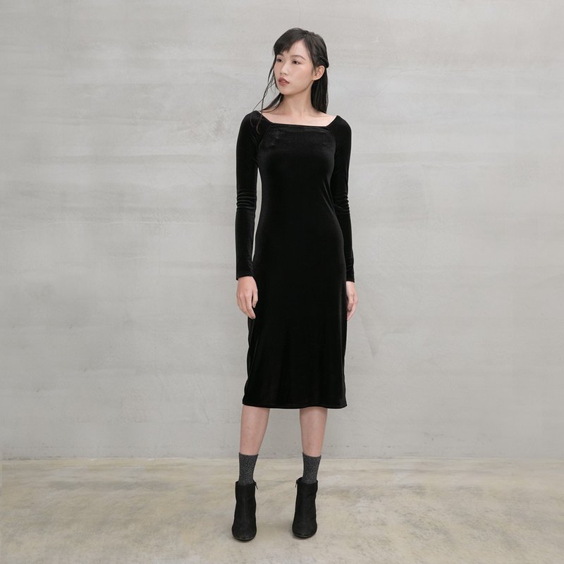 黃金年代方領絲絨洋裝 Square-neck Velvet Dress D166 - 洋裝/連身裙 - 其他人造纖維 多色