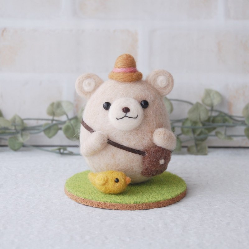 wool felt 羊毛フェルトのくまちゃん黄色い鳥さんとお散歩中 - 公仔/玩偶 - 羊毛 白色