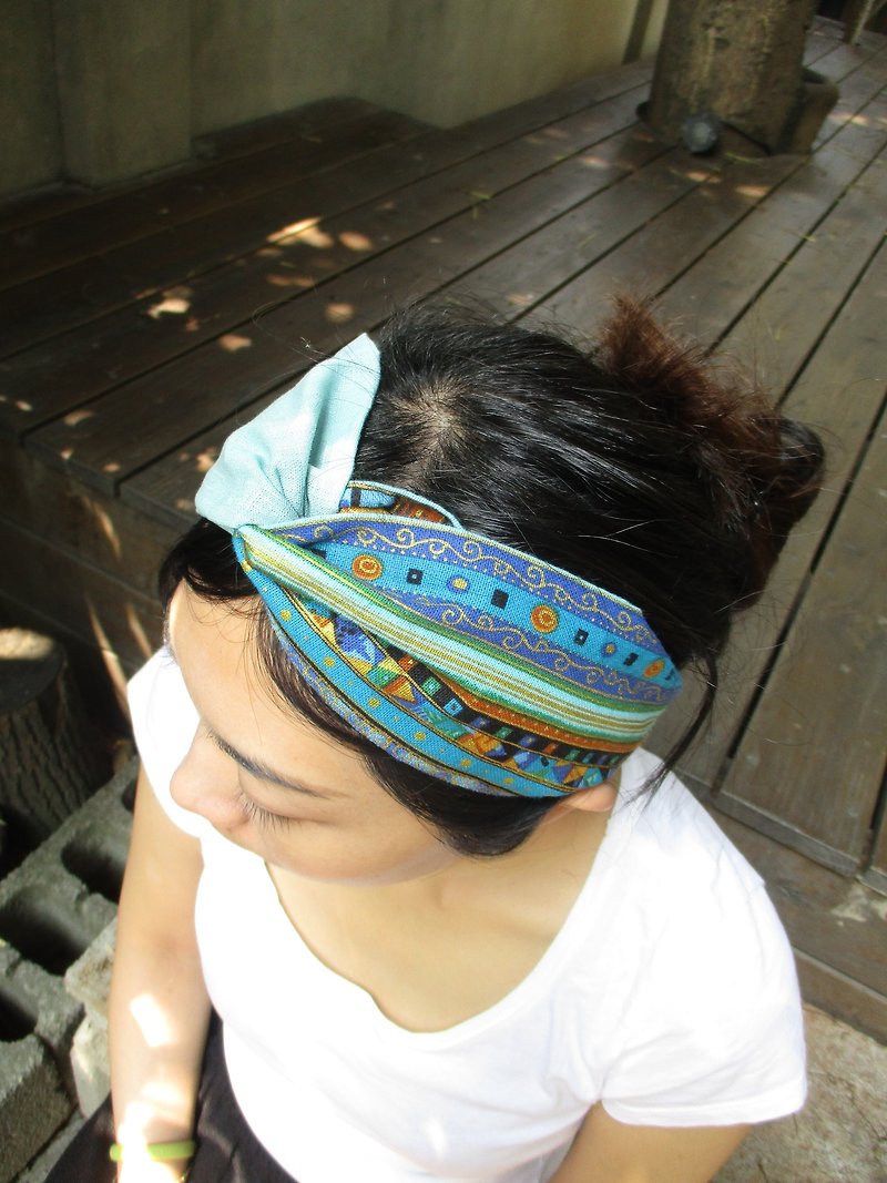 Cross hair band (elastic handmade)-two-tone Nepal-blue - Hair Accessories - Cotton & Hemp Multicolor