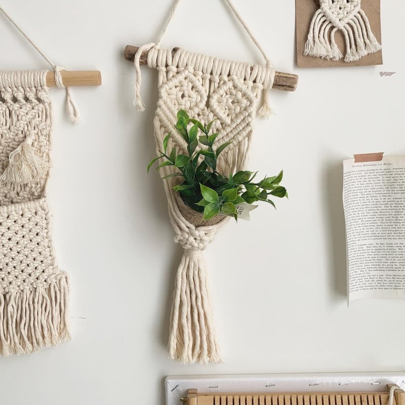 Macrame  編織 原木 植物 吊籃 吊飾 - 擺飾/家飾品 - 棉．麻 白色