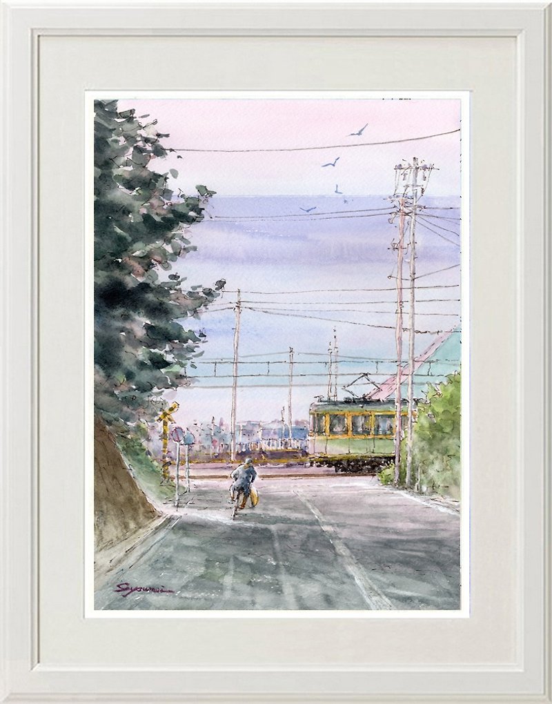 Watercolor original painting Early morning scenery - Shonan surfers and Enoshima train - โปสเตอร์ - กระดาษ สีน้ำเงิน