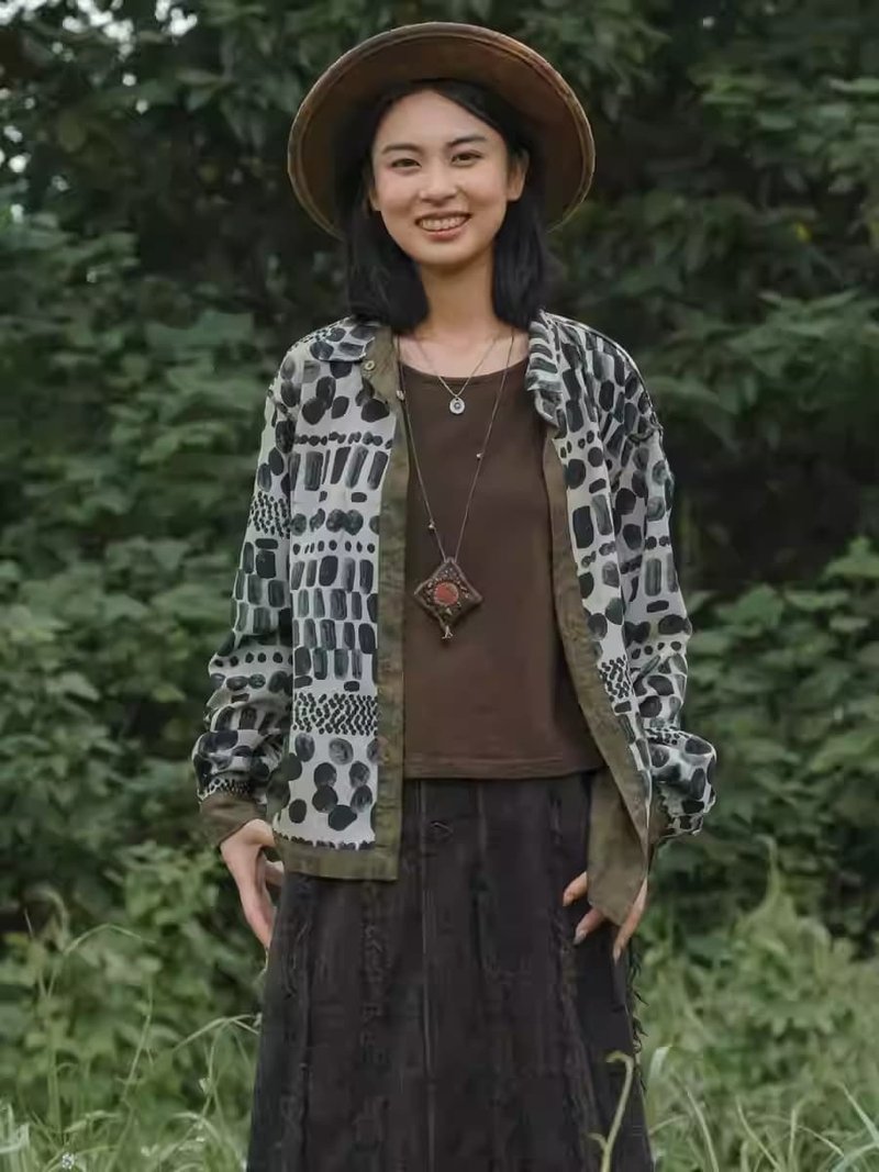 秋華 天絲麻印花正反兩穿雙面襯衫 開衫薄外套 - 女襯衫 - 棉．麻 白色