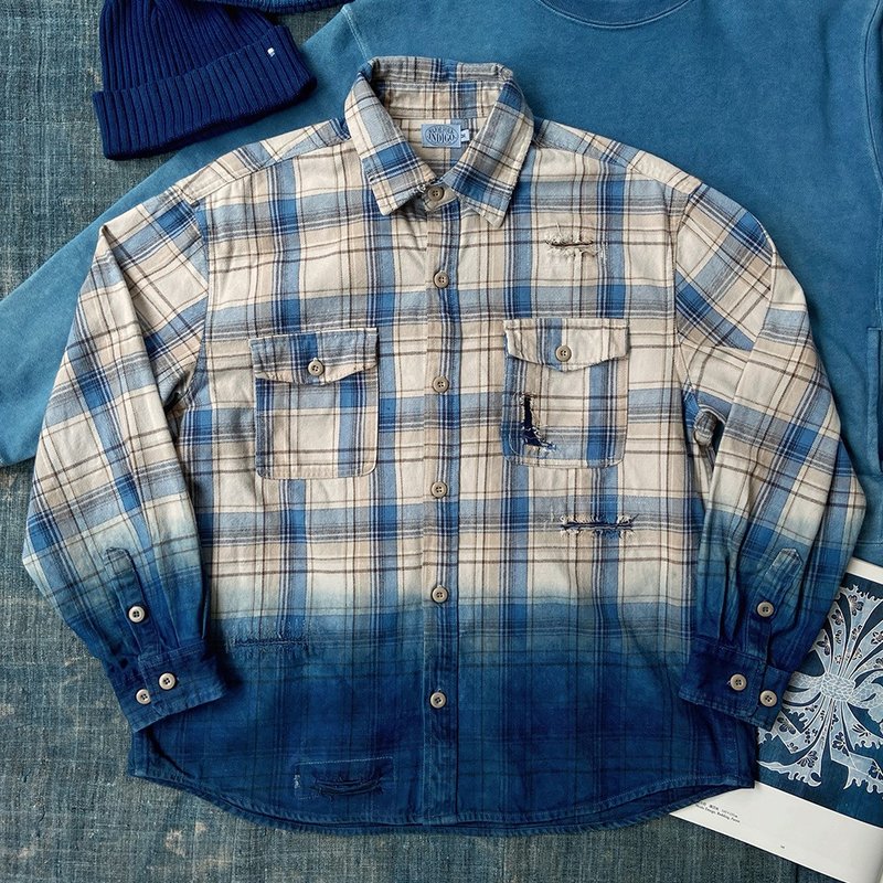 MajorFolk blue-dyed gradient Japanese retro plaid loose heavyweight men's long-sleeved shirt - เสื้อเชิ้ตผู้ชาย - ผ้าฝ้าย/ผ้าลินิน 