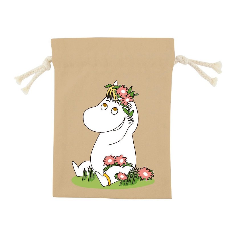 Authorized by Moomin-Colored Drawstring Pocket [Flower Yang (Khaki)] - กระเป๋าเครื่องสำอาง - ผ้าฝ้าย/ผ้าลินิน สีแดง