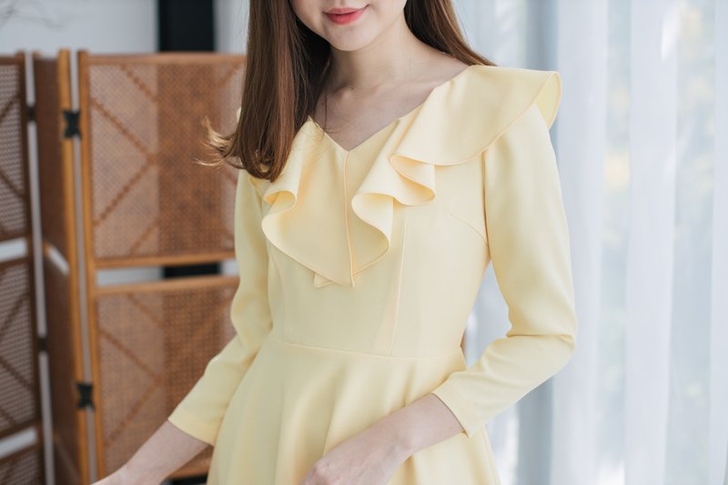 Vฺintage Yellow Dress Modest Bridesmaid Dresses Long Sleeve Party Dress Sundress - 洋裝/連身裙 - 聚酯纖維 黃色