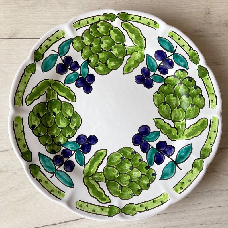 丸皿 26cm  マヨリカ焼き イタリア陶器 アーティチョーク オリーブ - 盤子/餐盤/盤架 - 陶 綠色