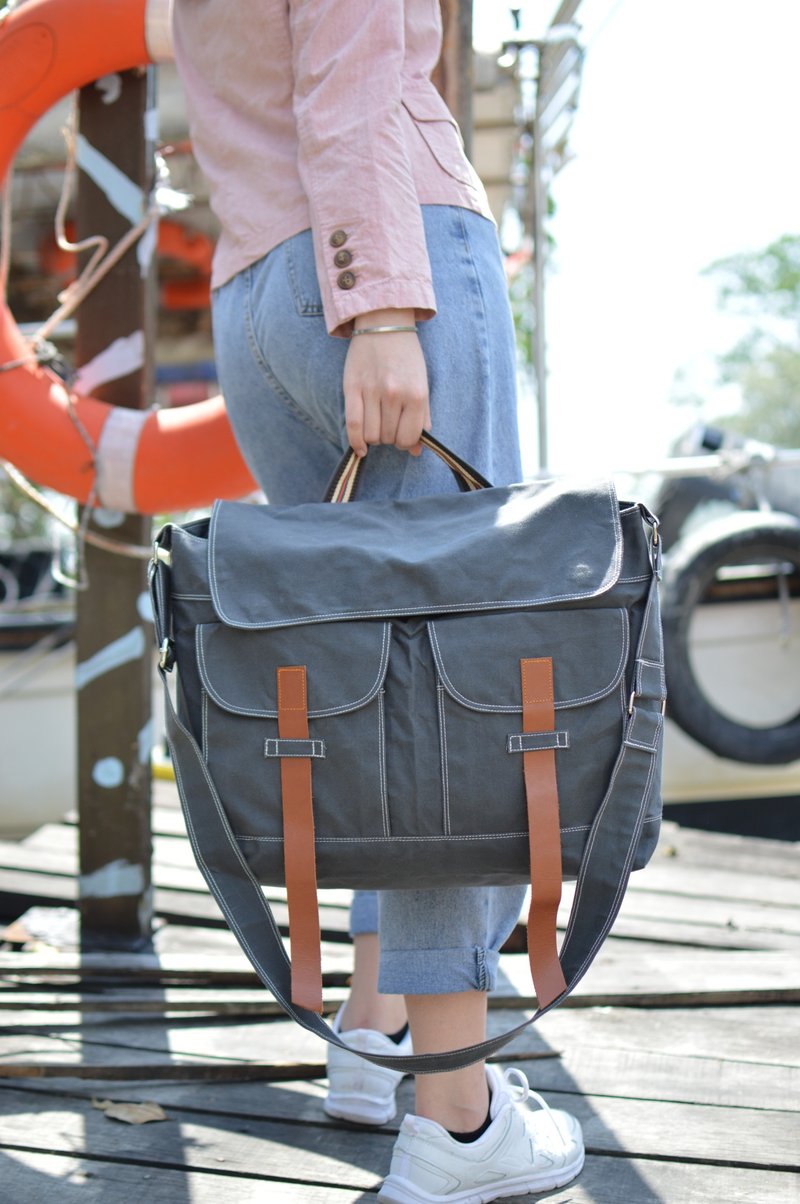 GRAY Waxed Canvas Messengers bag , Leather Canvas Messenger Bag-no.104 MACKENZE - Messenger Bags & Sling Bags - Waterproof Material Gray