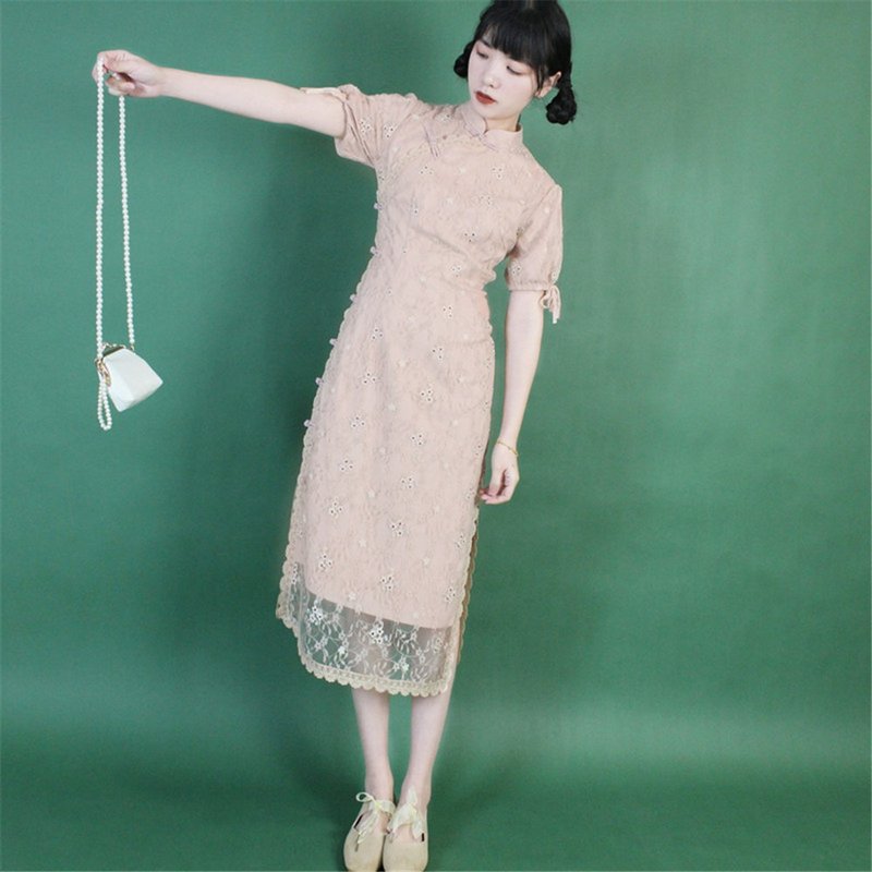 淡いピンクの刺繡レースレトロ上海ビーチチャイナドレス旧正月春節改良ワンピースドレス - チャイナドレス - その他の化学繊維 ピンク