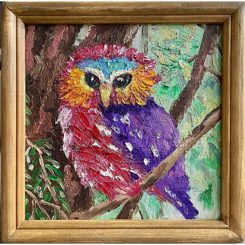 Painting with an Owl Bird, Miniature Oil Painting on Canvas Framed bird painting - Wall Décor - Cotton & Hemp 