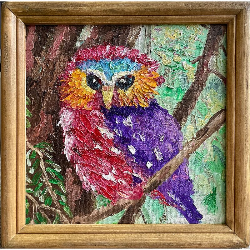 Painting with an Owl Bird, Miniature Oil Painting on Canvas Framed bird painting - Wall Décor - Cotton & Hemp 