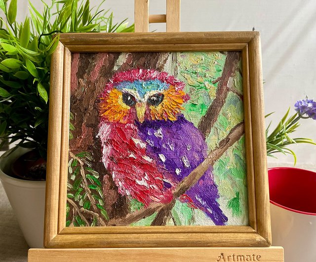 フクロウ鳥の絵画、キャンバス上のミニチュア油絵額入り鳥の絵