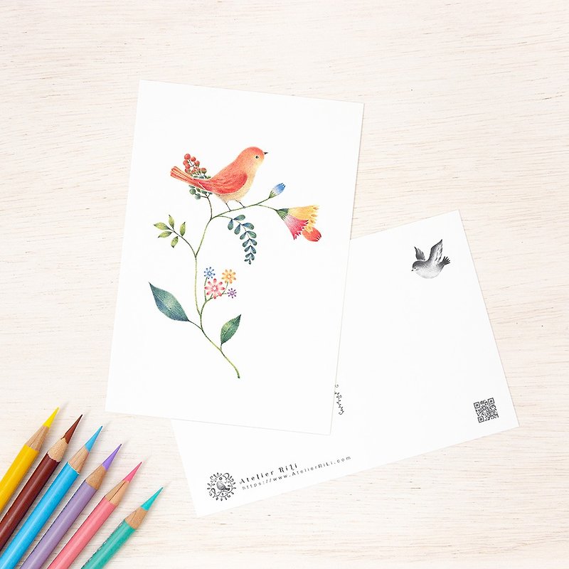 Set of 5 pieces. Like a picture book. Postcard "Orange Birds and Flowers" PC-53 - Cards & Postcards - Paper Orange