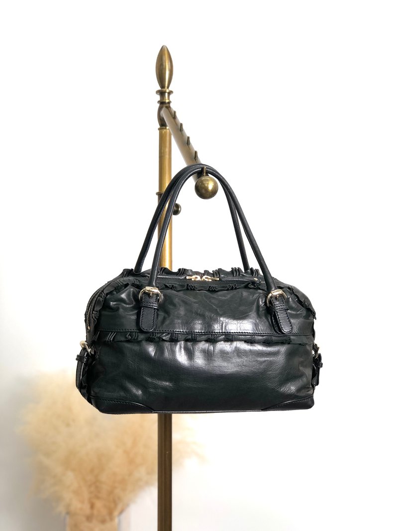 【 日本直送　名牌中古包 】GUCCI グッチ ハンドバッグ ブラック フリル レザー ミニボストン vintage ヴィンテージ オールド ns25kt - 手提包/手提袋 - 真皮 黑色