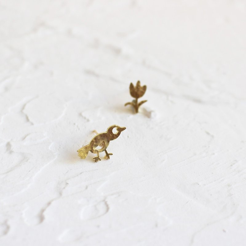 Bird & Flower Earrings, clip on earrings I Story_Strange Bird - Earrings & Clip-ons - Copper & Brass Gold