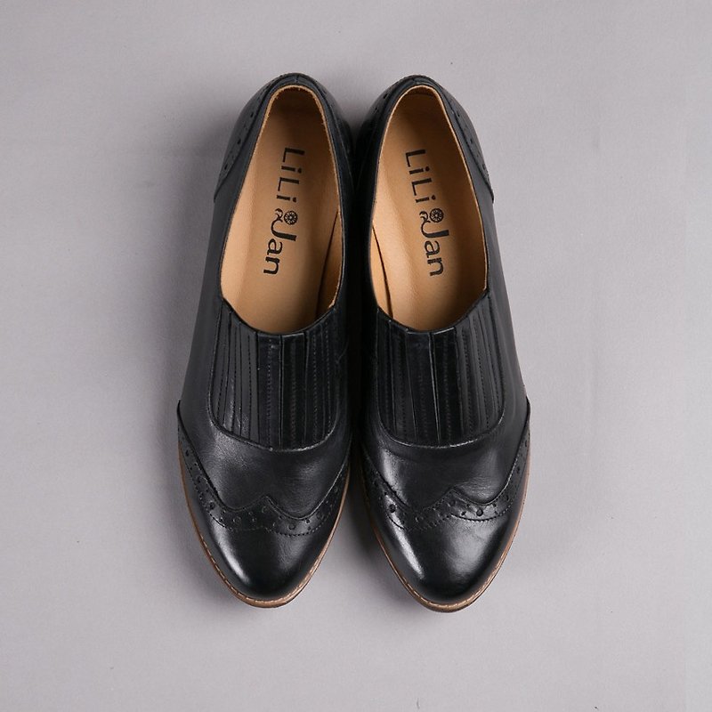 [Carved] British Institute of accordion leather loafers _ classic jet black - รองเท้าอ็อกฟอร์ดผู้หญิง - หนังแท้ สีดำ