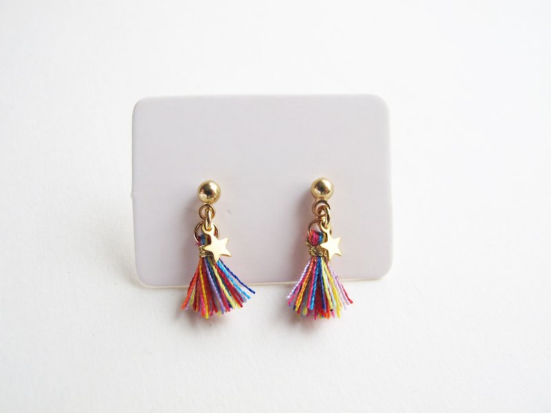 Rosy Garden Rainbow color tiny tassel with little star earrings - Earrings & Clip-ons - Thread Multicolor