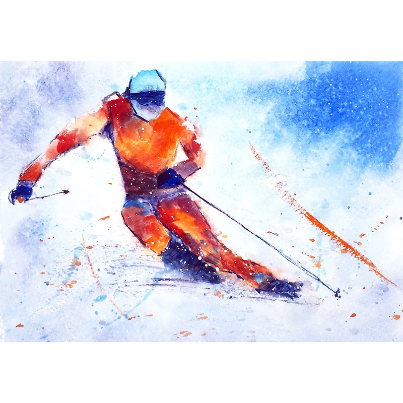 Skiing Painting Sports Original Art Winter Landscape Snow Small Watercolor - Wall Décor - Paper Multicolor