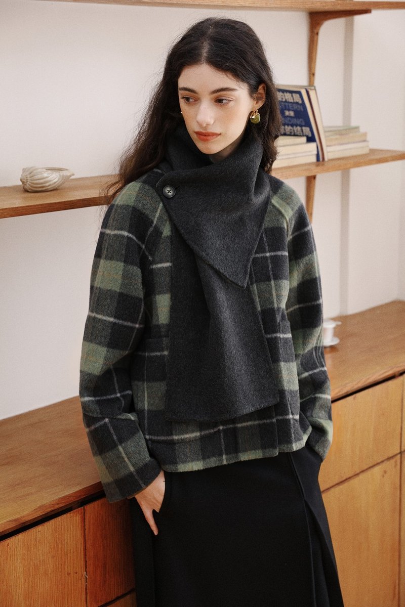 雪松綠格紋 灰林漫步 簡約復古羊毛混紡外套 雙面兩穿毛料大衣 - 女大衣/外套 - 羊毛 綠色