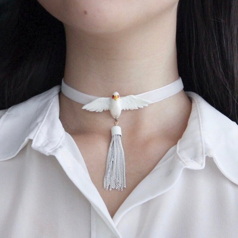 Temperament White Bird Necklace / Choker - สร้อยติดคอ - ดินเหนียว ขาว