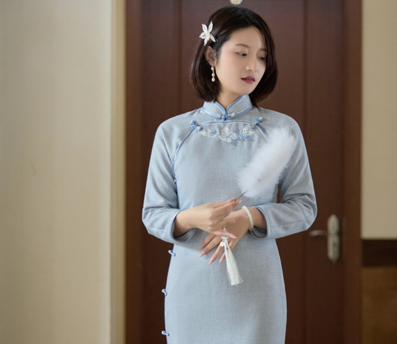 【寒江雪】新中国風レトロ/ダブルブレスト厚手ウールチャイナドレス - チャイナドレス - その他の素材 ブルー