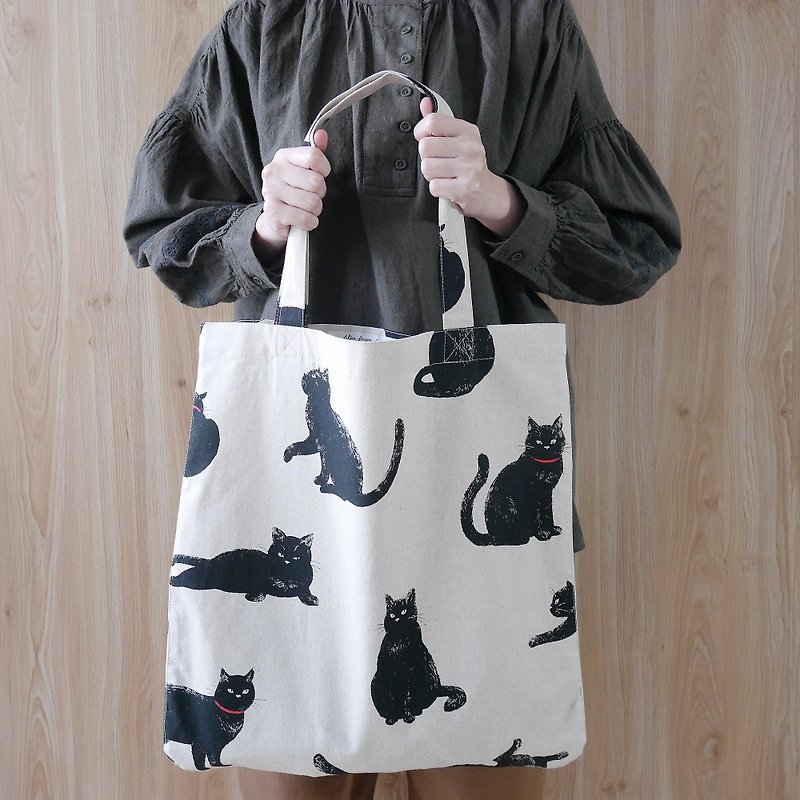 Linen and linen thin canvas black cat shoulder environmentally friendly rounded corner bag black cat control can hold A4 - made to order - - กระเป๋าถือ - ผ้าฝ้าย/ผ้าลินิน หลากหลายสี
