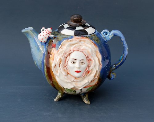 PorcelainShoppe Handmade art teapot Talking Flowers Rose Alice in Wonderland Flower Face teapot