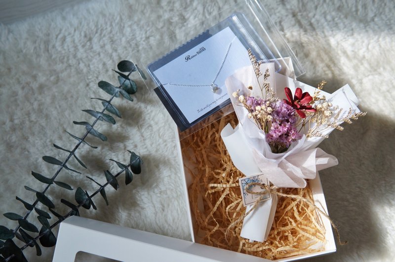 [Pure Small Bouquet & Jewelry Joint Gift Box] Simple Sterling Silver Jewelry - ช่อดอกไม้แห้ง - พืช/ดอกไม้ หลากหลายสี