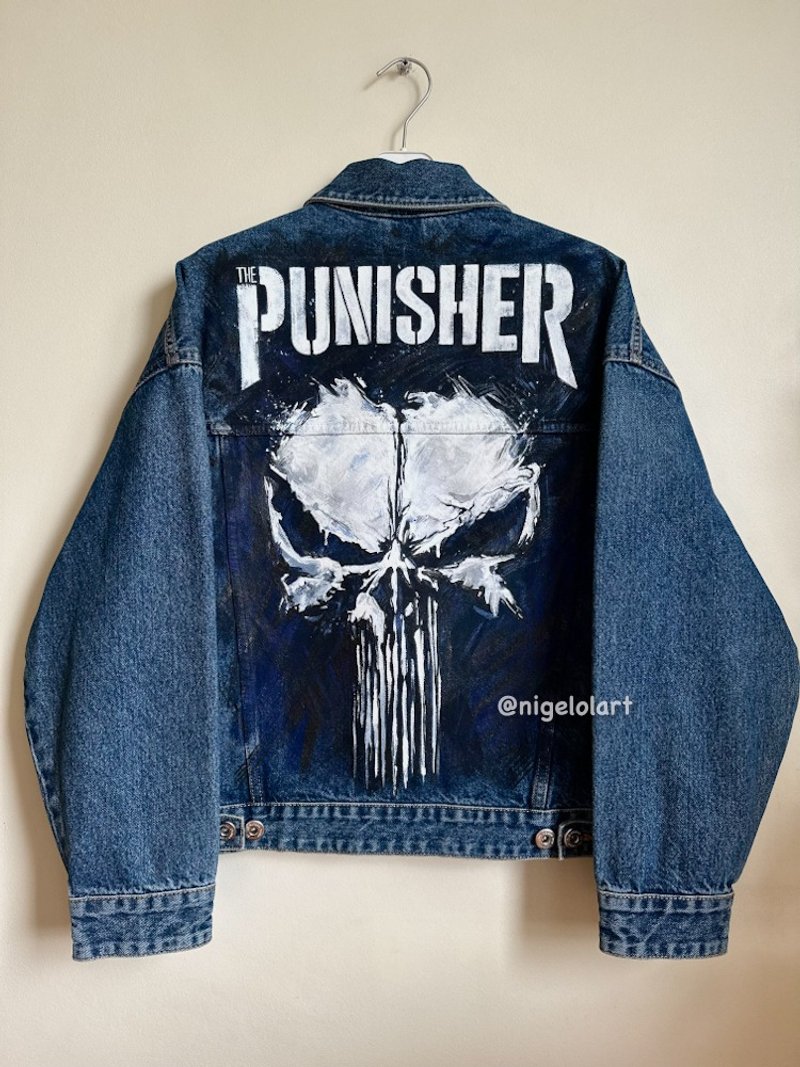 The Punish Marvel Painted denim jacket Iron man Venom Gift for him - 男夾克/外套 - 棉．麻 多色