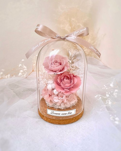 Dreams come true 永生花/乾燥花 永生花玻璃盅-浪漫粉 l 不凋花玻璃盅 日本玫瑰 情人節禮物