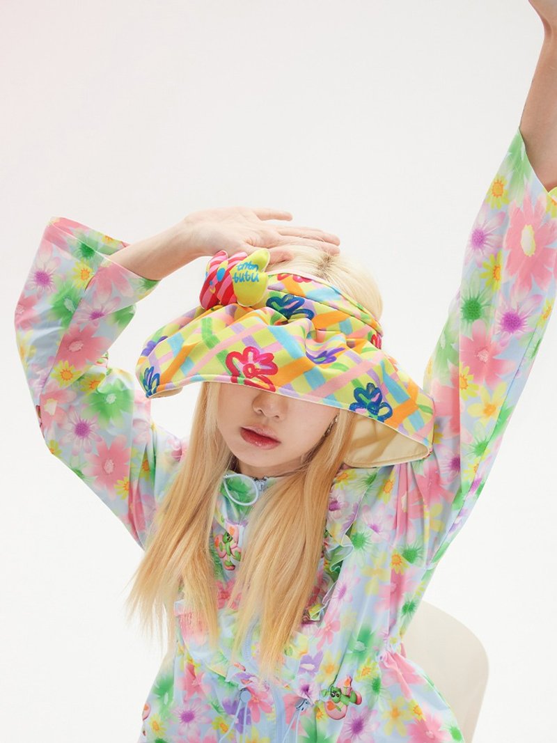 格紋花朵 防紫外線貝殼防曬帽 多用髮箍 大帽簷 - 帽子 - 其他材質 多色