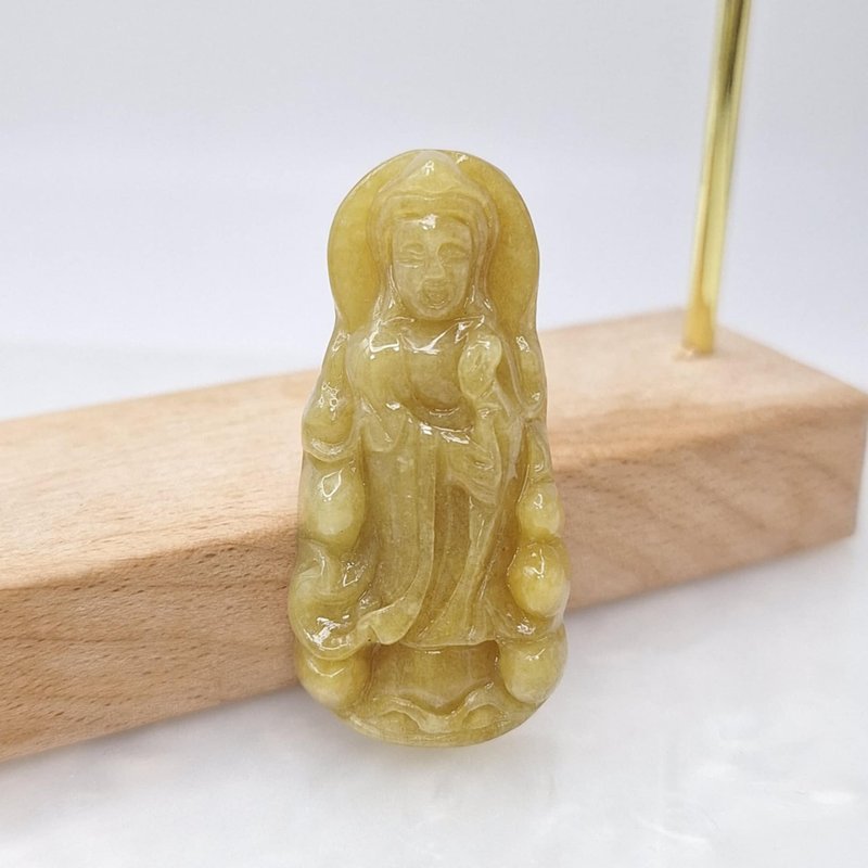 Rich natural heated yellow jadeite standing Guanyin pendant | natural Burmese jade A grade jadeite - Necklaces - Jade 